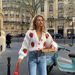image-European and American style 2021 autumn and winter new women's fashion design single-breasted V-neck knitted cardigan strawberry long-sleeved sweater