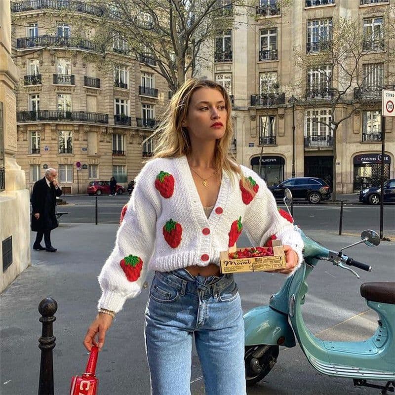image-European and American style 2021 autumn and winter new women's fashion design single-breasted V-neck knitted cardigan strawberry long-sleeved sweater