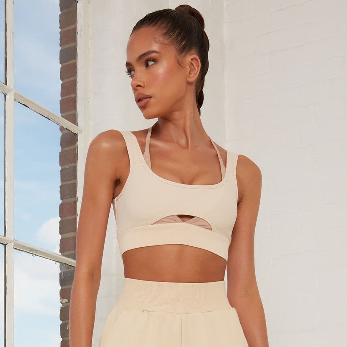 image-Isaac Fei Sports Bra - Brown Contrast Stitch L