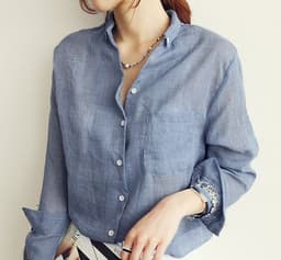 image-Cotton Linen Shirt Women Long Sleeve Denim Blue XXL
