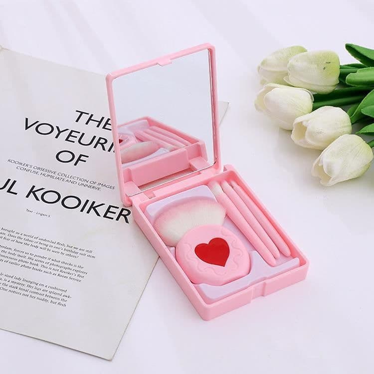 image-Makeup Brush Set 5pcs Pink Heart with Mirror