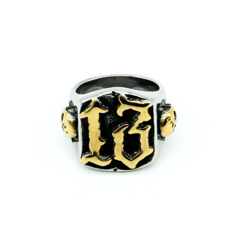 image-Mens Titanium Steel Ring Ghost Head Vintage Gold Plated Geometric Design