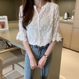 image-Women's 2023 Japanese V-Neck Embroidered Shirt - White, Slim