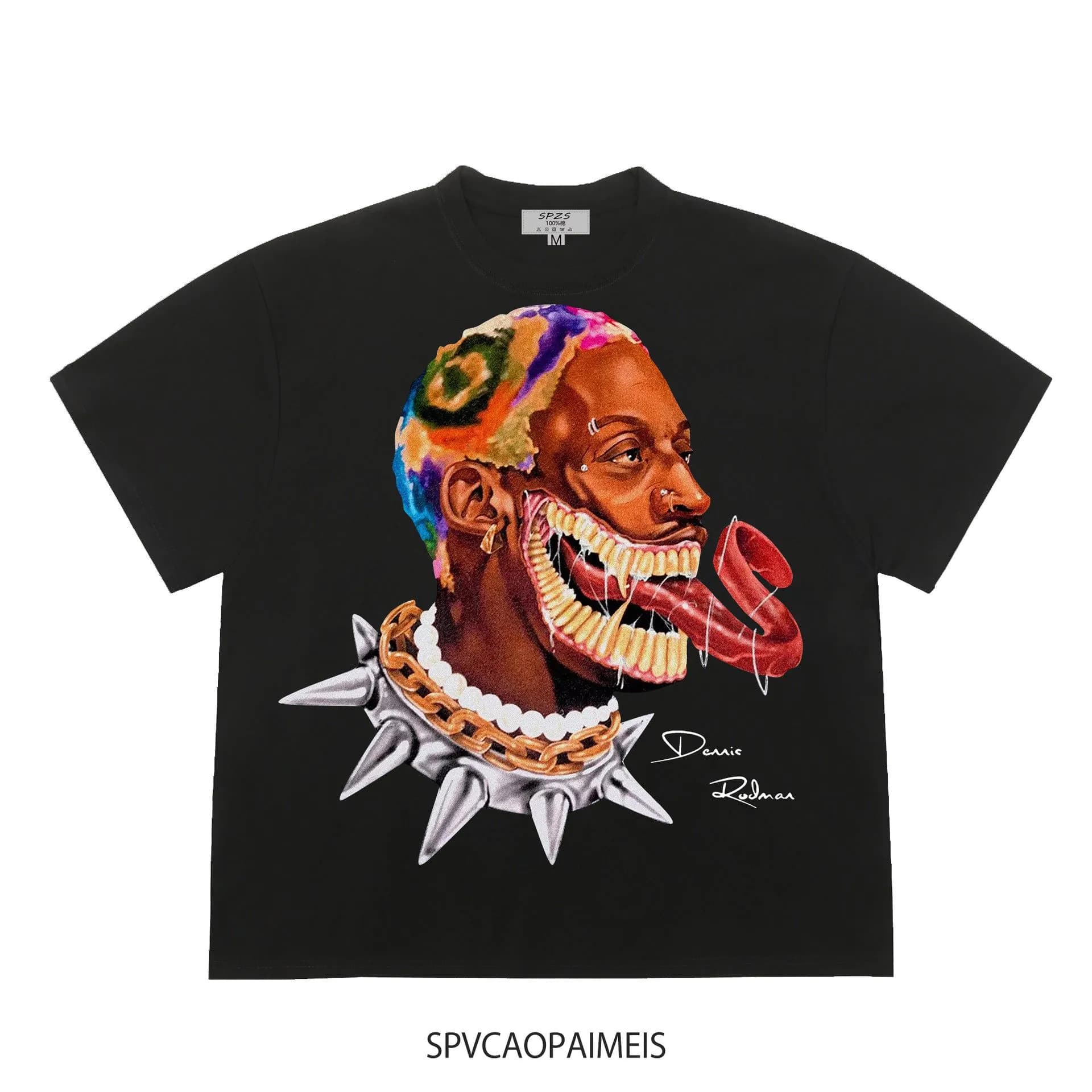 image-NBA Bulls Rodman T-Shirt - Black Cotton Short Sleeve