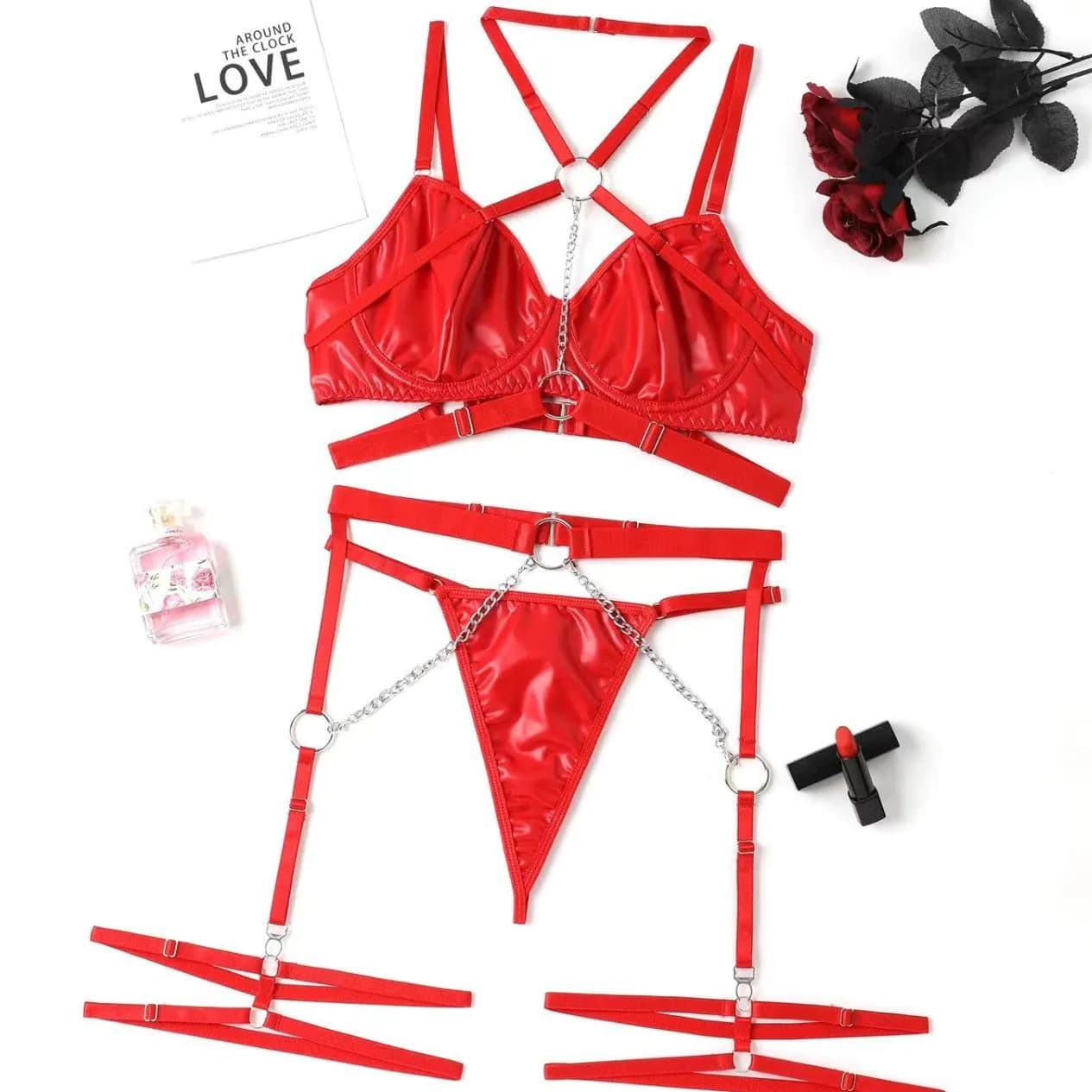 image-Women's Lingerie Set - Black Polyester 3-Piece Chain Neck