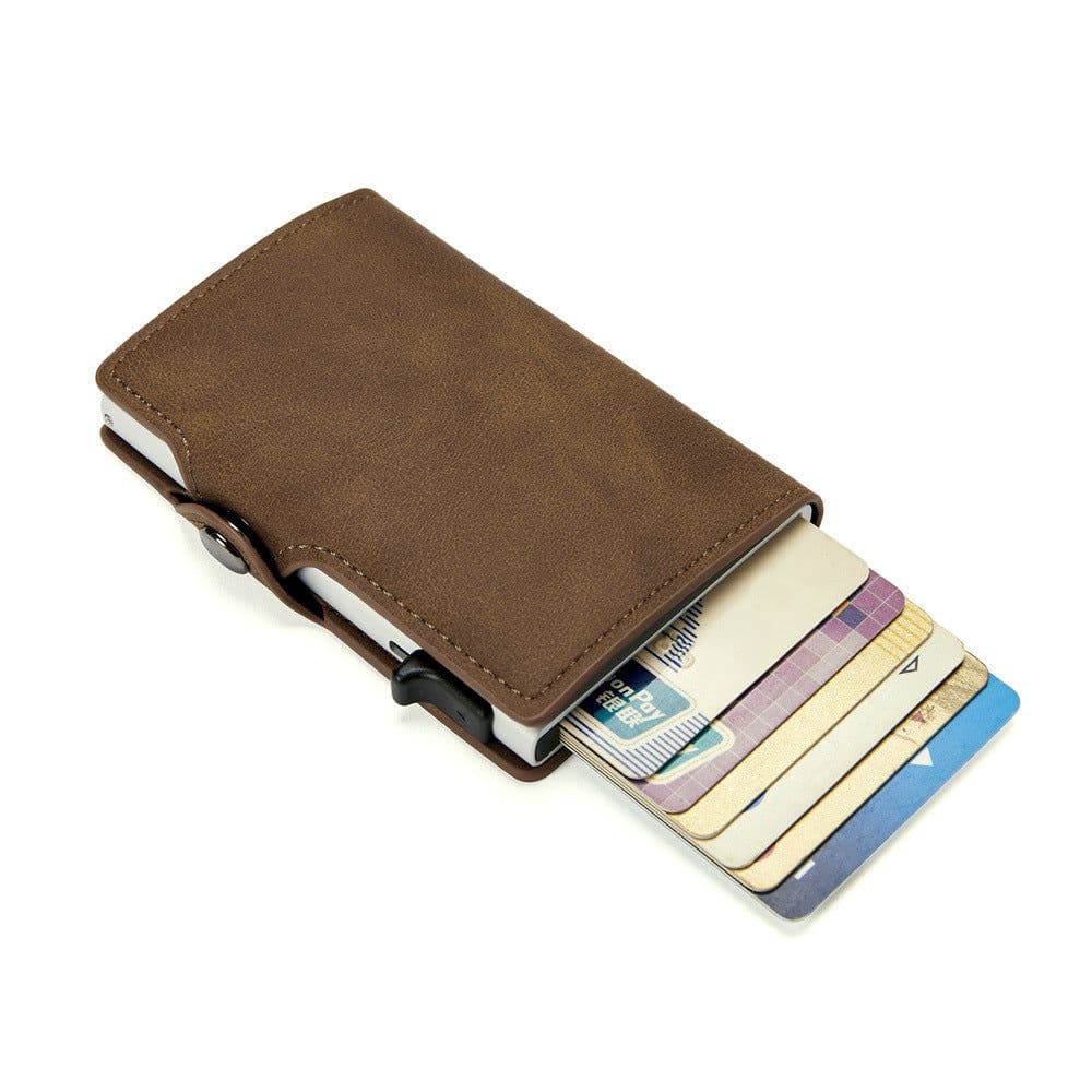 image-Manufacturer wholesale RFID anti-theft brush aluminum alloy side push test card bag Amazon men's retro PU leather wallet customization
