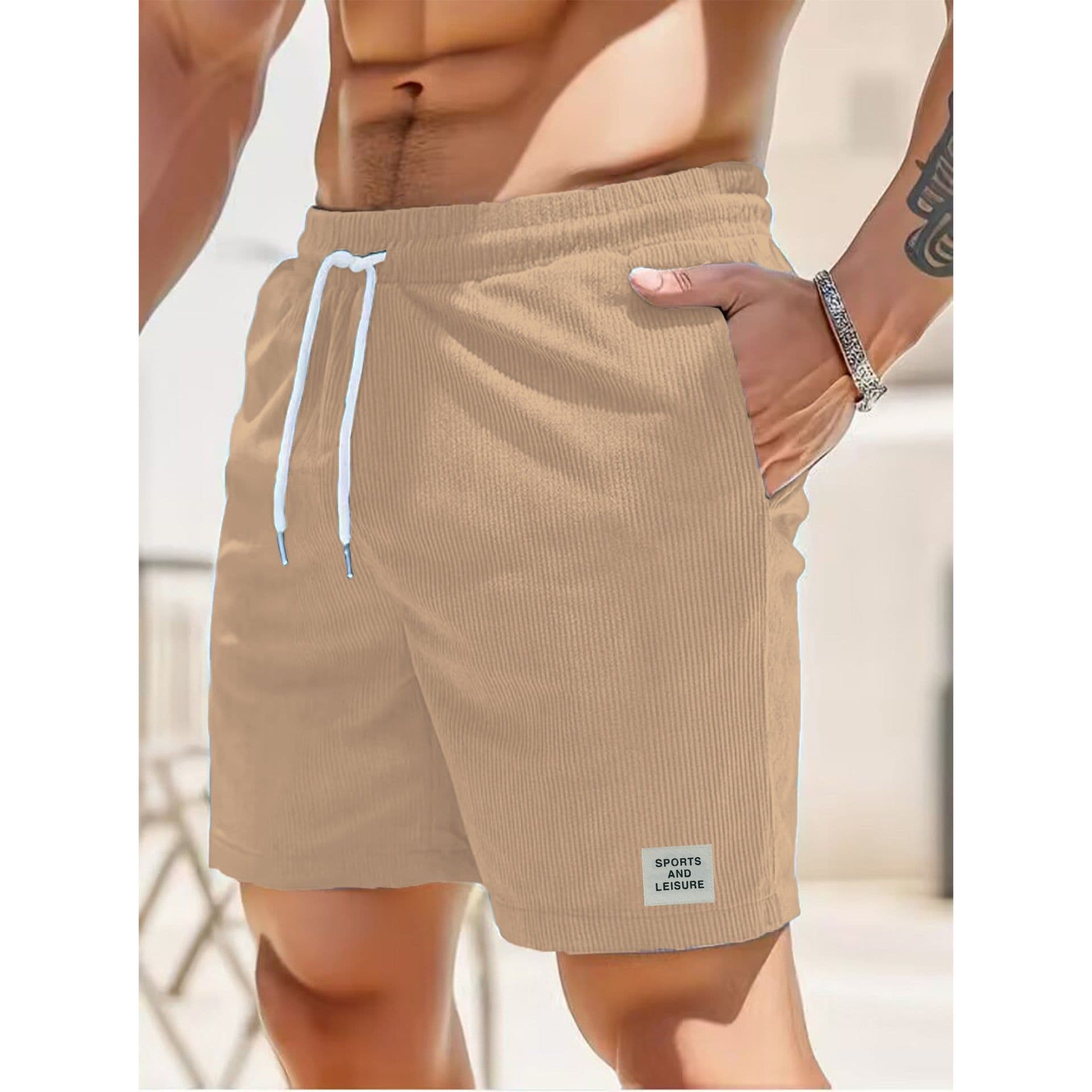 image-Men's Corduroy Shorts Blue Lace-Up Sports