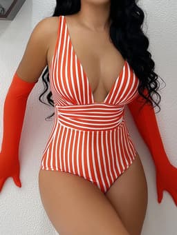 image-Women's One-Piece Swimsuit - Striped Polyester