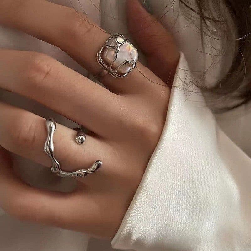 image-Moonstone Geometric Rings 2-Piece Set - Simple Fashion Jewelry for Women