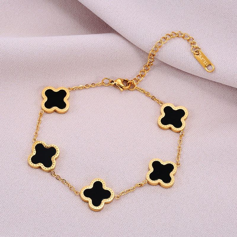 image-Titanium Steel Four-Leaf Clover Bracelet - Black/Red Gold