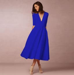image-Women's Midi Dress - Rose Red V-Neck Swing Dress