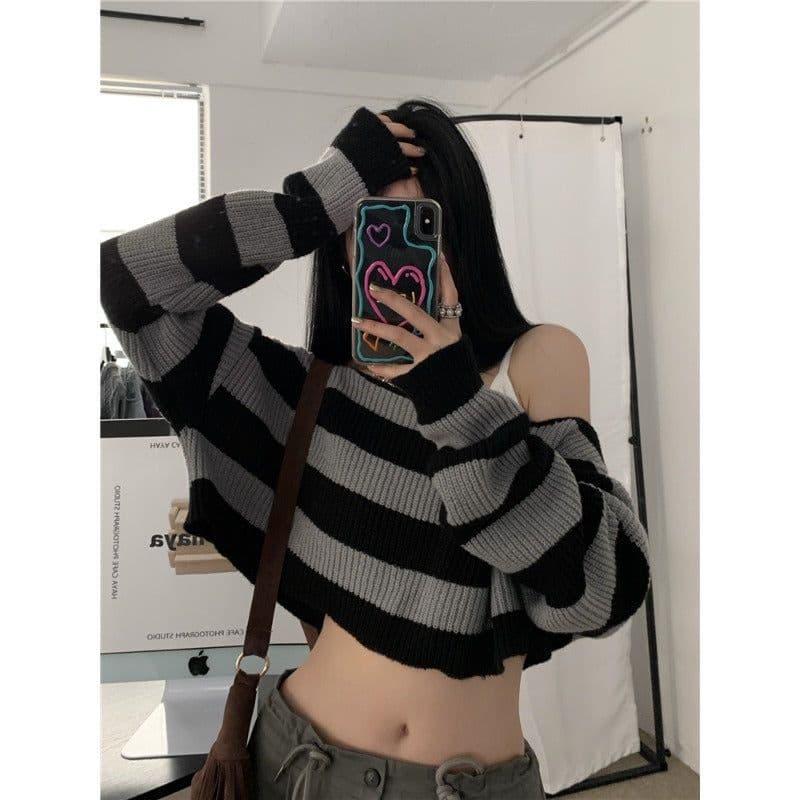 image-Women's Off-Shoulder Striped Sweater - Loose Fit Long Sleeve