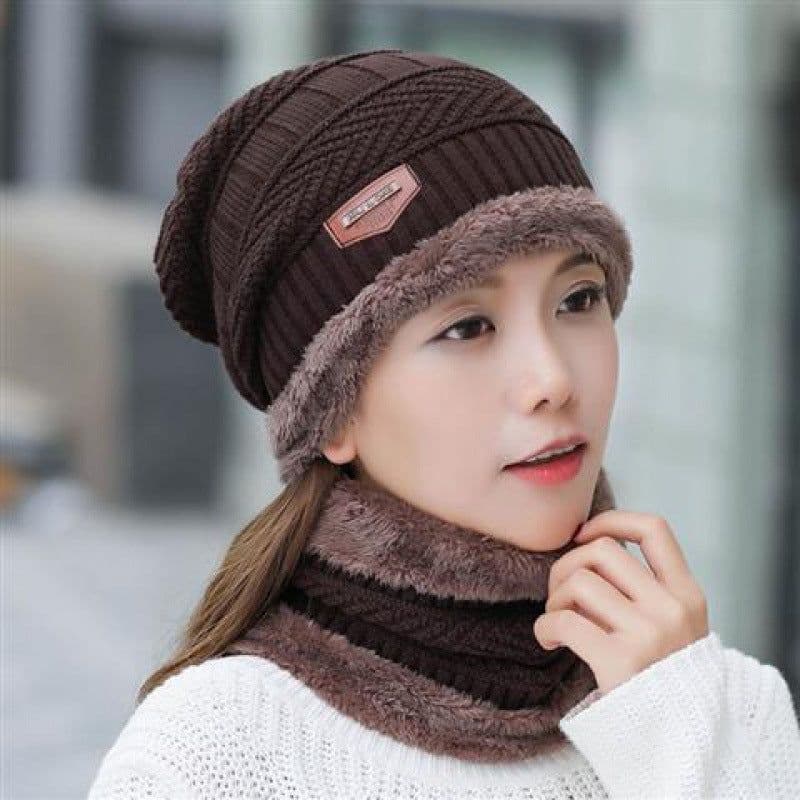 image-Women's Winter Knit Hat with Neck Warmer - Black Acrylic