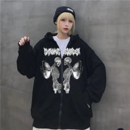 image-Women Skull Wings Hooded Zipper Sweater Velvet Thickened Cardigan Korean Version