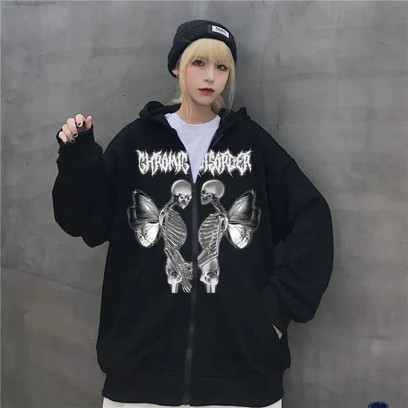 image-Women Skull Wings Hooded Zipper Sweater Velvet Thickened Cardigan Korean Version