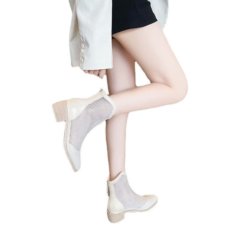 image-Shanli Dadi 2023 Mid-Calf PU Mesh Boots - Off White, High Heels