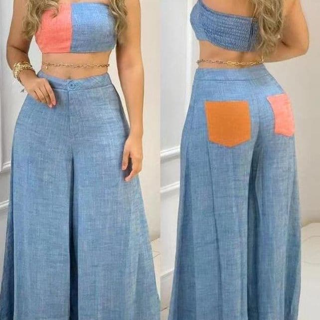 image-Caramel Women's Tube Top Pant Suit - Light Blue Sleeveless