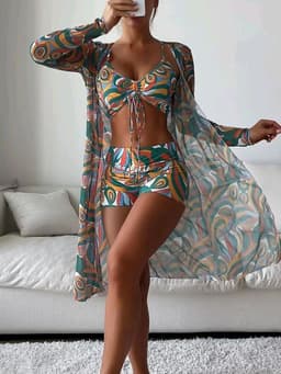 image-2023 New European and American foreign trade bikini swimsuit for women split three-piece drawstring high waist long-sleeved cover-up swimsuit