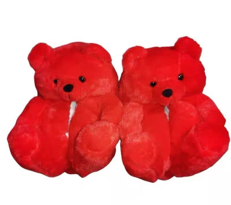 image-Cartoon Bear Plush Slippers - Large, South Korean Velvet, Dark Teddy Bear Shoes