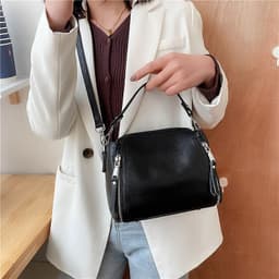 image-Women's Genuine Leather Bucket Bag - Black Soft Cowhide