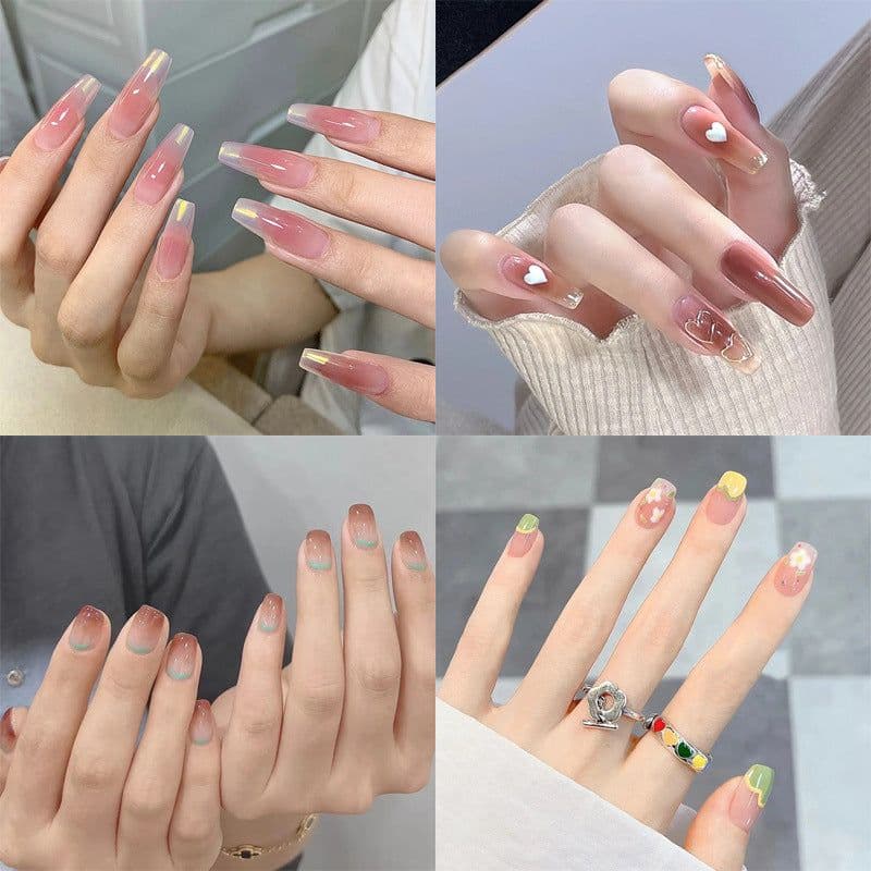 image-Summer and autumn gentle and simple pure lust style wearable nail patches printed solid color French style removable manicure fake nail patches wholesale