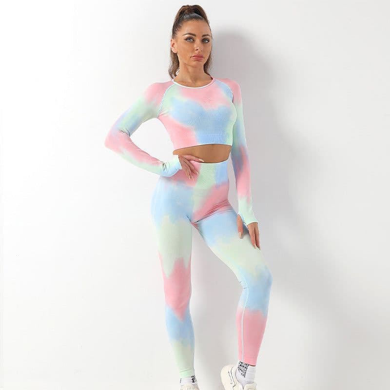 image-Women's Tie-Dye Yoga Pants Long Sleeve Fitness Suit 2022 Green L