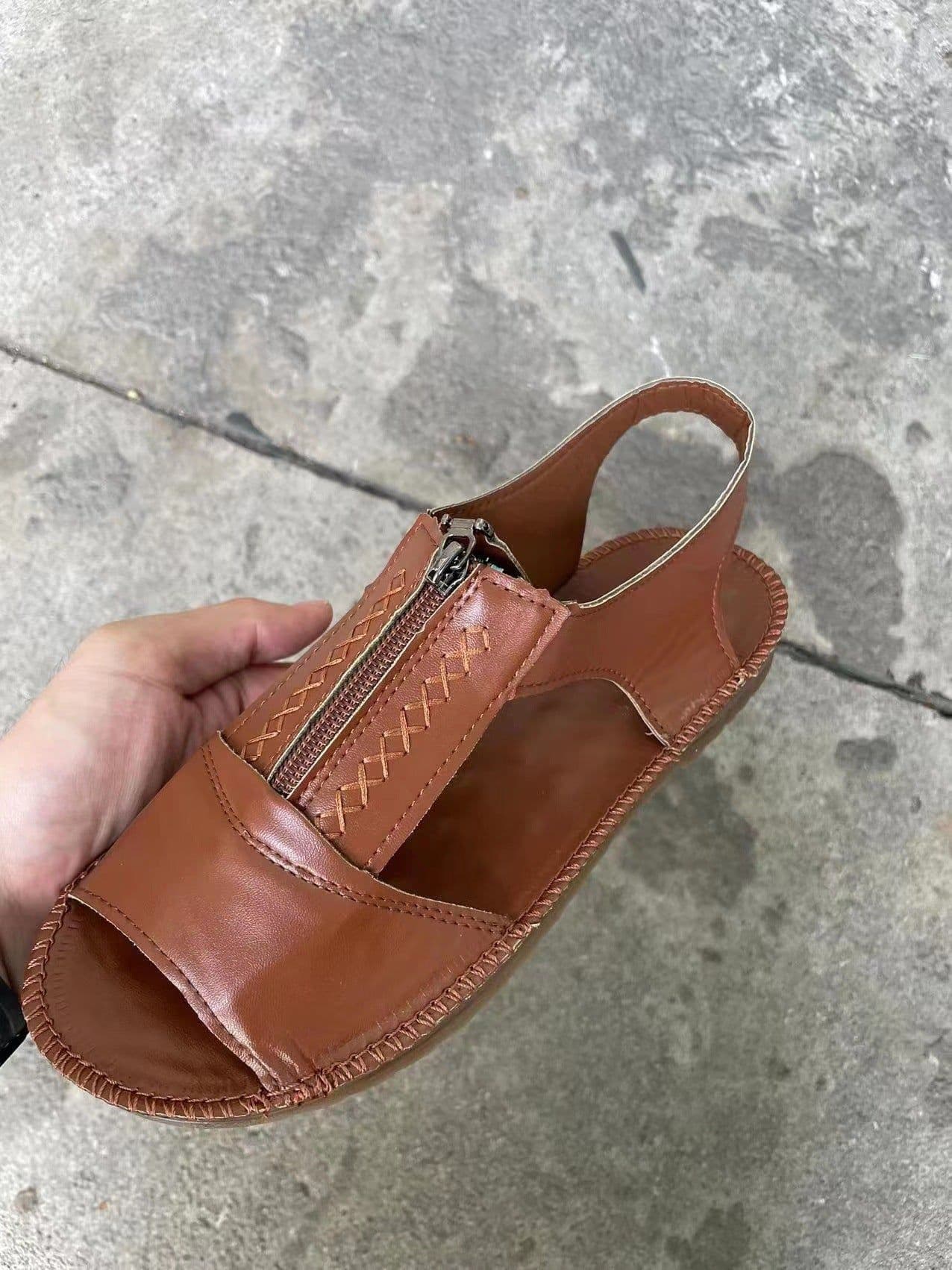 image-Chen Qi Women's Flat Sandals - Brown Leather Size 41