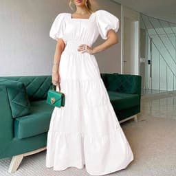 image-2022 Summer Ladies Dress Amazon Sundress Square Neck Puff Sleeve Maxi Dress Casual Beach Dress