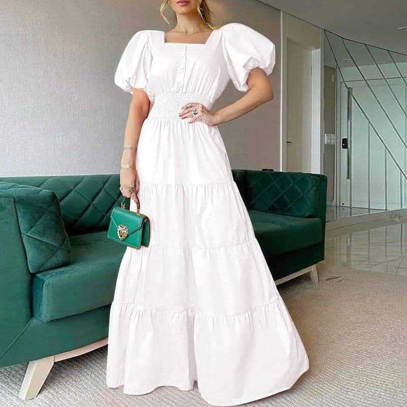 image-2022 Summer Ladies Dress Amazon Sundress Square Neck Puff Sleeve Maxi Dress Casual Beach Dress