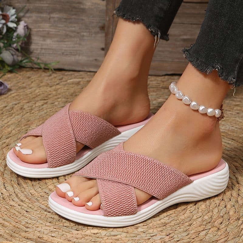 image-2023 new large size foreign trade women's shoes cross solid color casual thick bottom cross-border women's foreign wear slippers female hyn