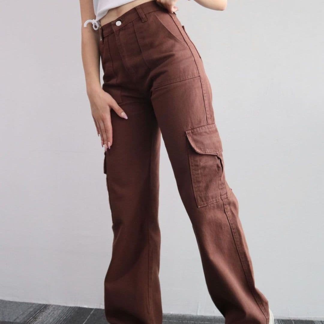 image-Women's Cargo Pants - Khaki Mid-Rise Straight Leg Cotton