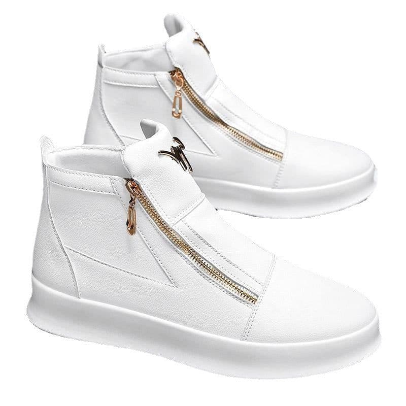 image-Men's White PU Leather Mid-Top Sneakers - Casual