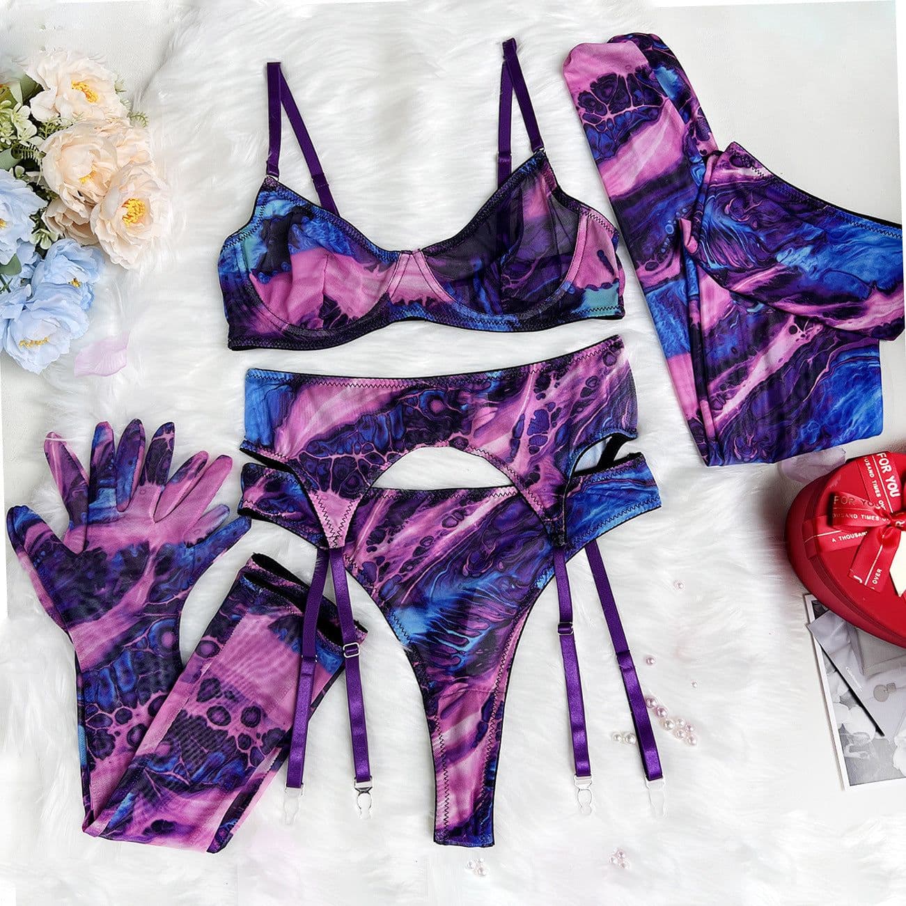image-Sexy Lingerie 5-Piece Set - Leopard Print Polyester - L Size