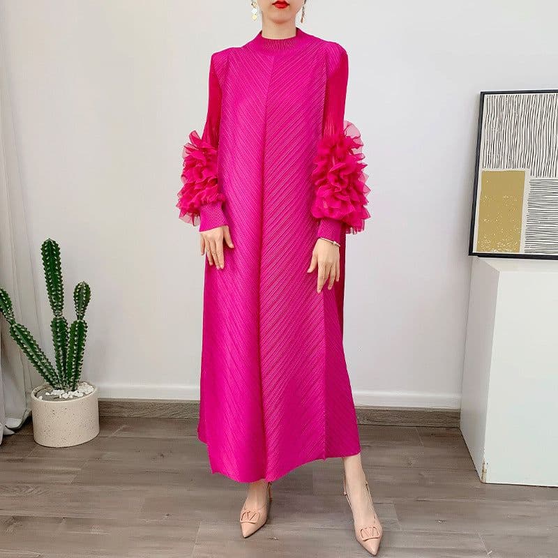 image-Royal Blue Pleated Long Dress - Polyester Loose Fit