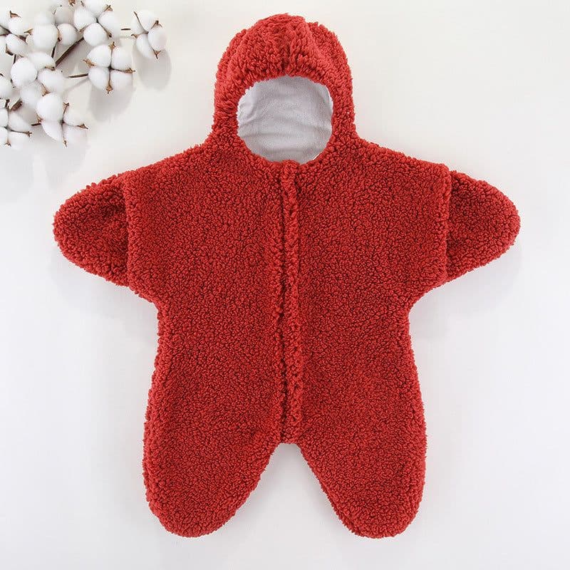 image-Baby Jumpsuit - Red Sherpa Star Winter Romper, Quilted, Hooded, Thickened