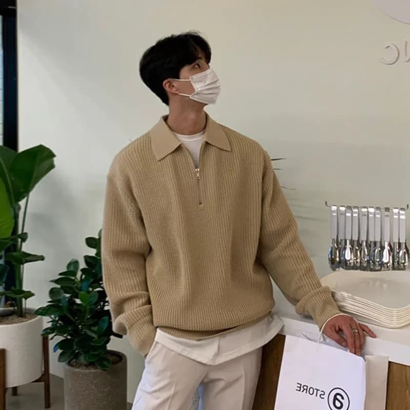 image-Men's Japanese Retro-Style Half-Zip Sweater - Casual Autumn/Winter