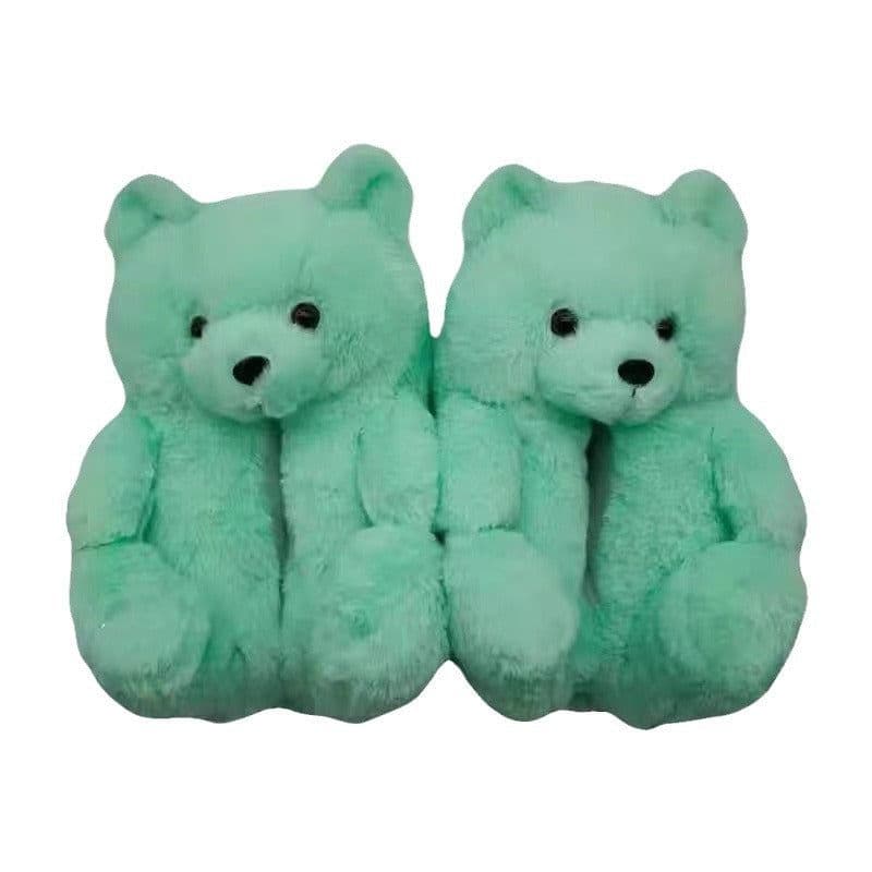 image-Cartoon Bear Plush Slippers - Large, South Korean Velvet, Dark Teddy Bear Shoes