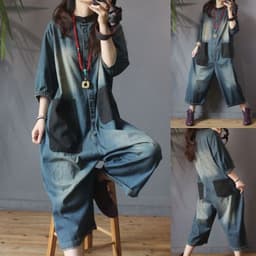 image-Denim Jumpsuit Women's Wide-Leg Cropped - Blue Patch
