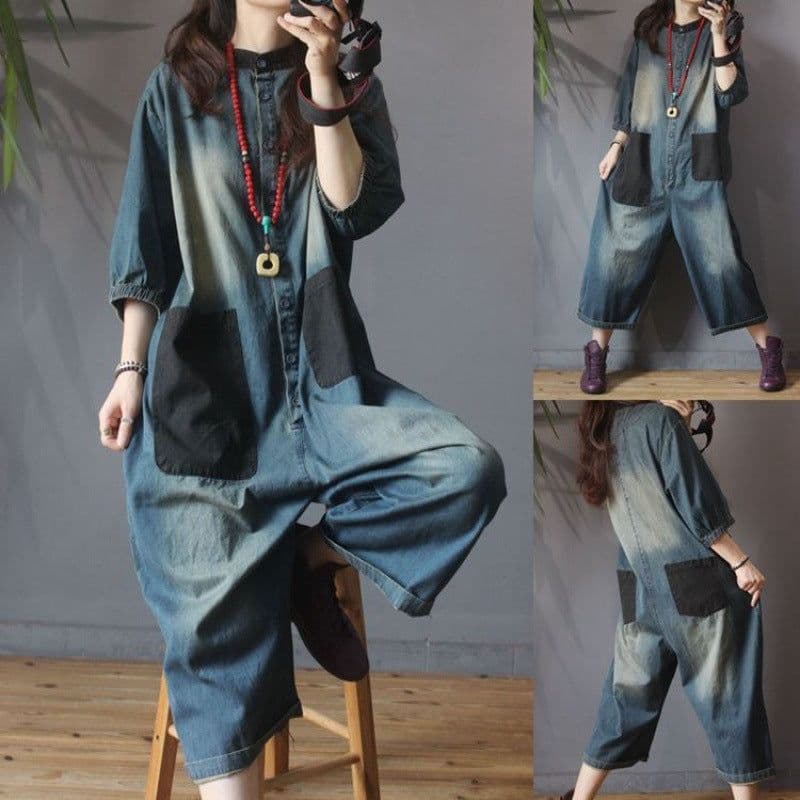 image-Denim Jumpsuit Women's Wide-Leg Cropped - Blue Patch