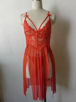 image-European and American erotic lingerie sexy mesh see-through pajamas lace embroidery suspender nightdress female slit revealing breast long skirt