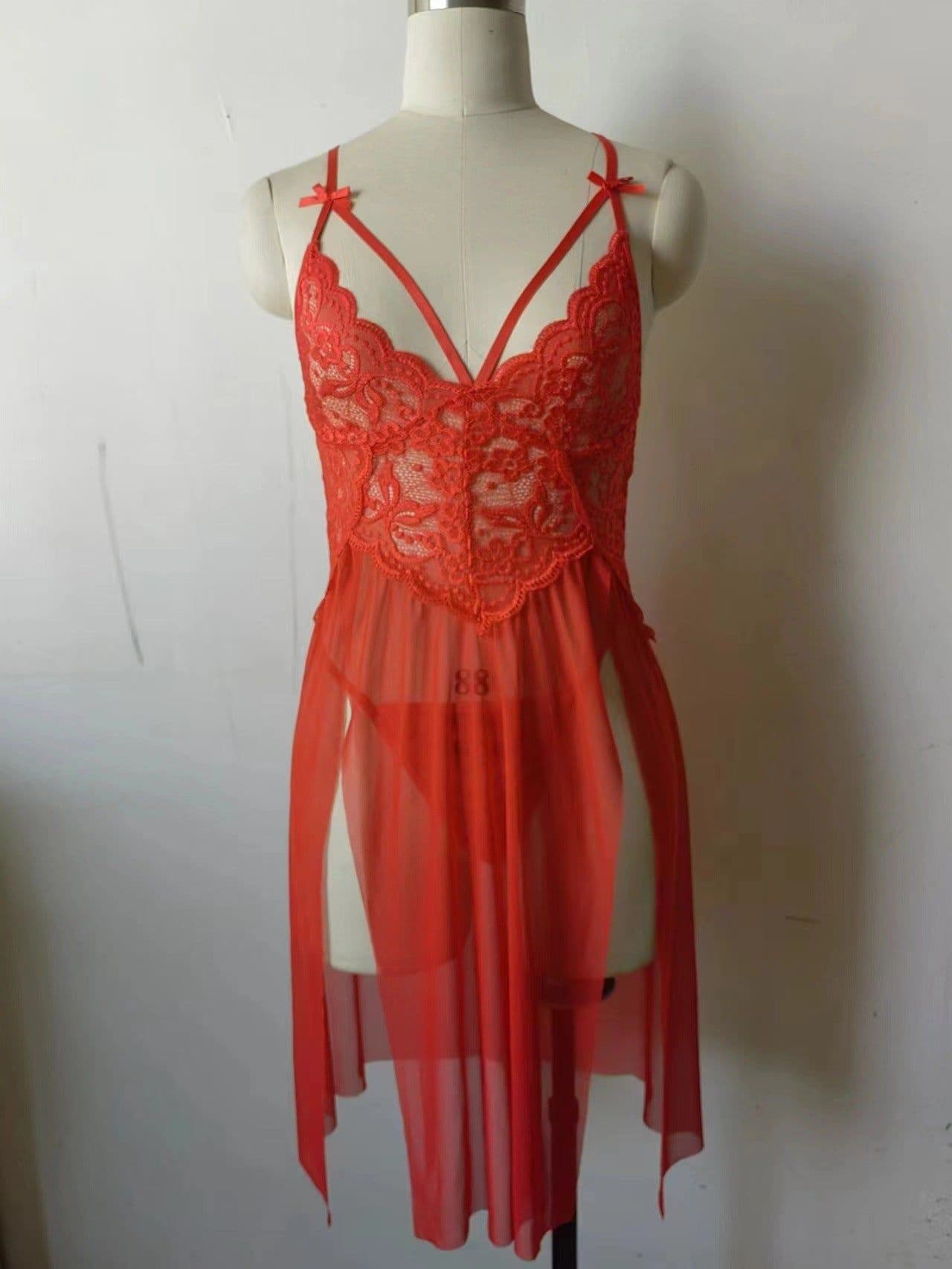 image-European and American erotic lingerie sexy mesh see-through pajamas lace embroidery suspender nightdress female slit revealing breast long skirt