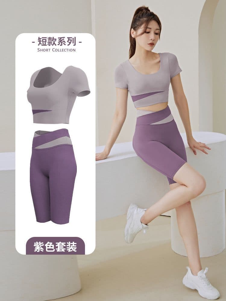 image-Summer new one-piece fixed chest pad sports top yoga pants suit fitness short-sleeved beauty back two-piece set for women