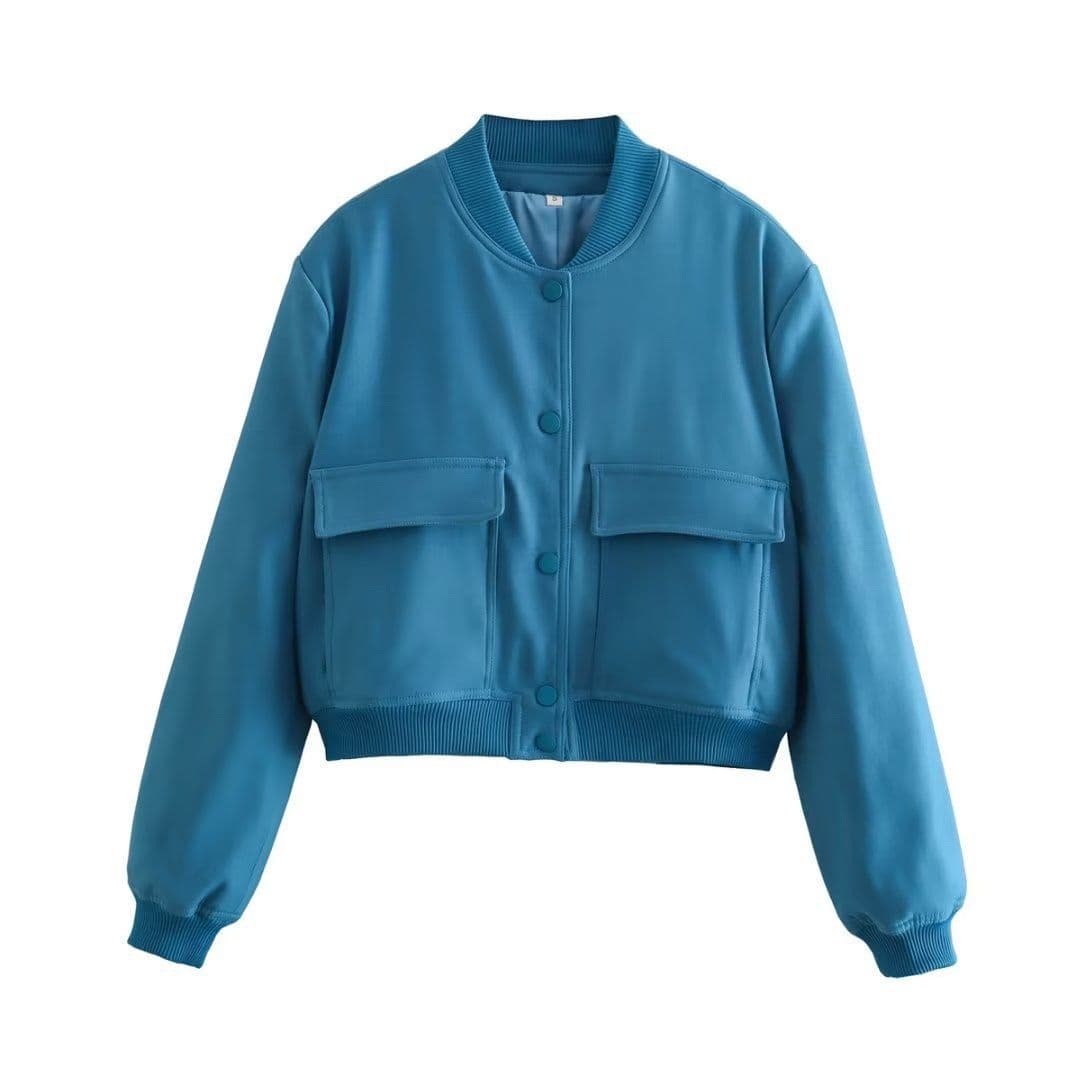 image-Women's Peacock Blue Jacket - Stand Collar Short Coat