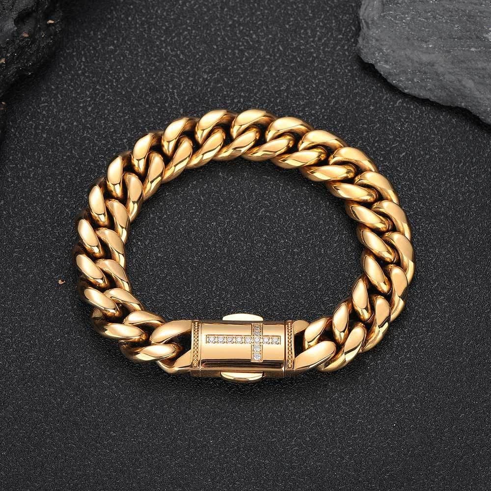 image-Stainless Steel Cuban Chain Bracelet - Gold 12mm Zircon