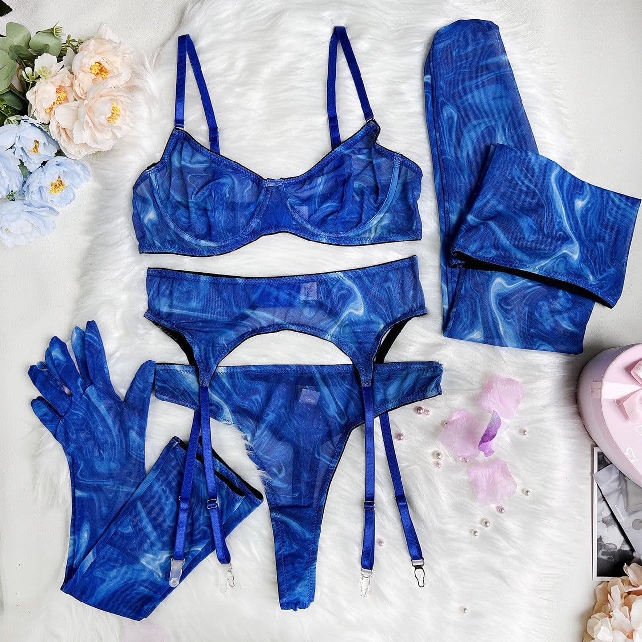 image-Sexy Lingerie 5-Piece Set - Leopard Print Polyester - L Size