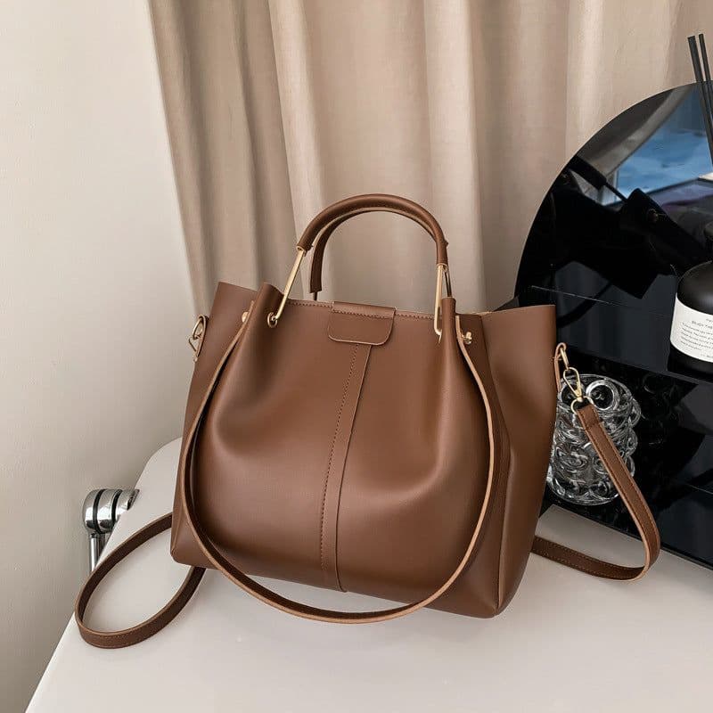 image-Khaki PU Bucket Bag - Large Capacity Tote