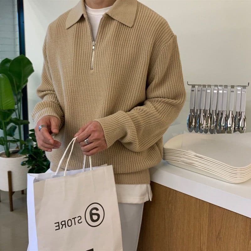 image-Men's Japanese Retro-Style Half-Zip Sweater - Casual Autumn/Winter