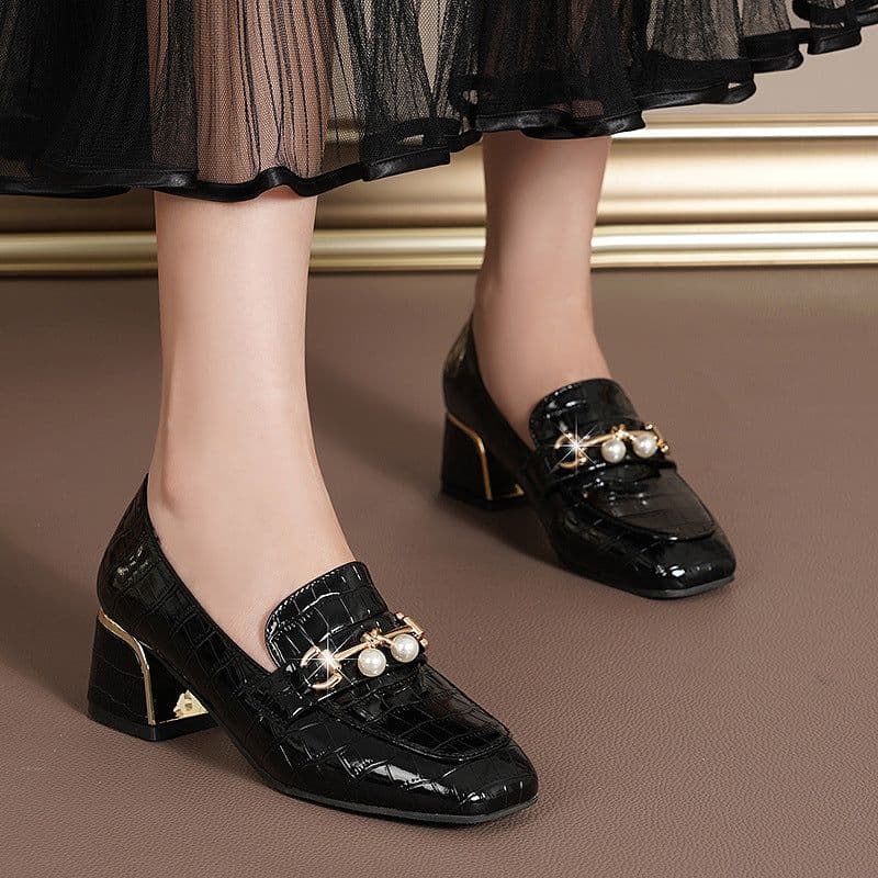 image-Women's Loafers Black Square Toe Tassel Size 42