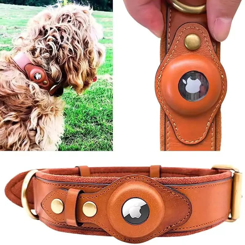 image-Dog Collar with AirTag Holder - Leather Apple Tracking