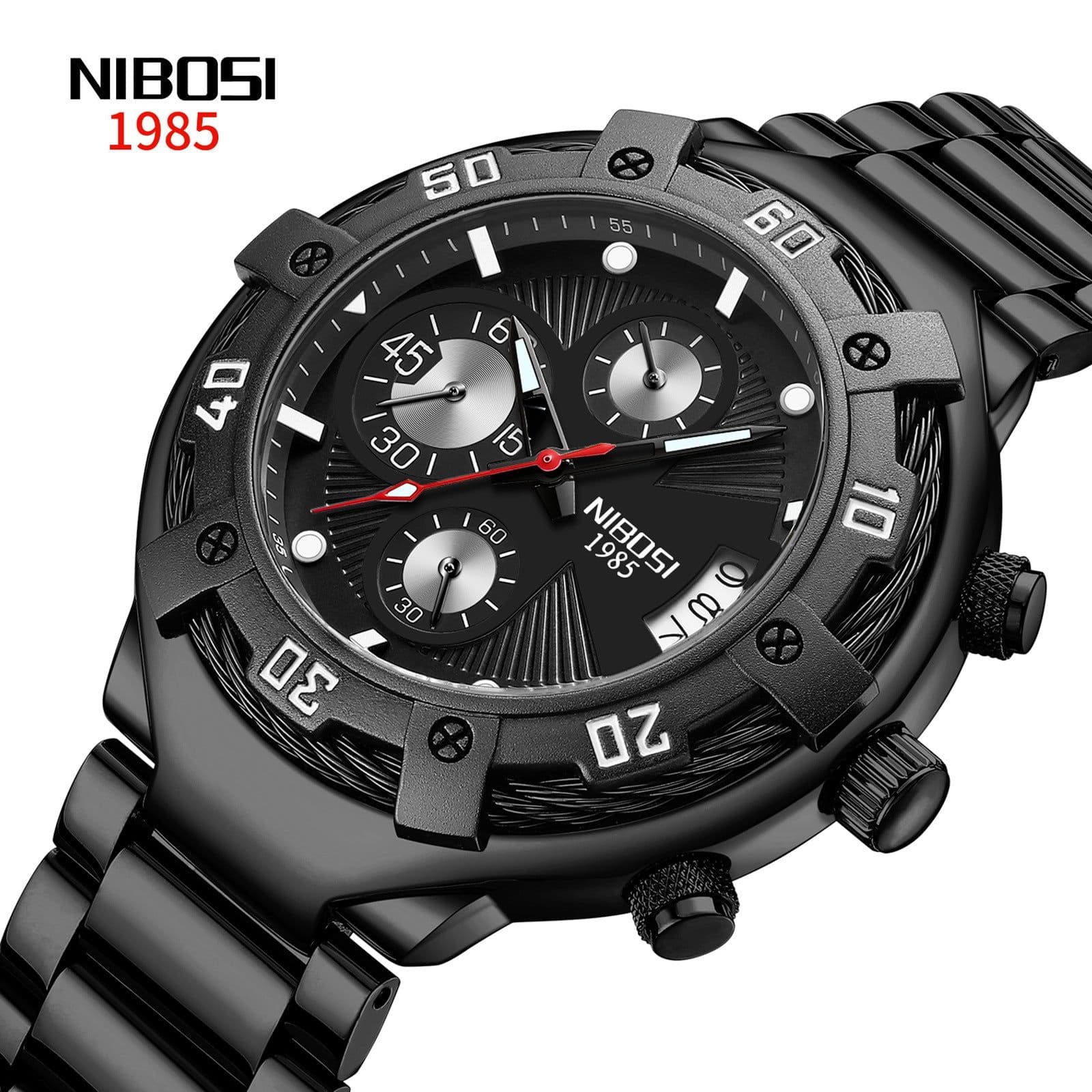 image-NIBOSI Men's Watch 46mm Quartz Black Gold